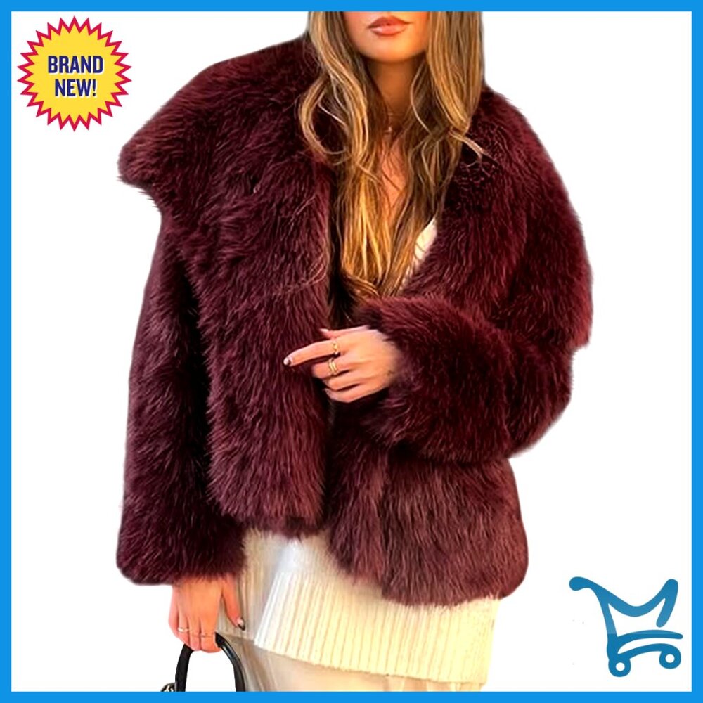 Faux Fur Coat Lapel Open Front Fluffy Shaggy Jacket Winter Warm Furry Overcoat